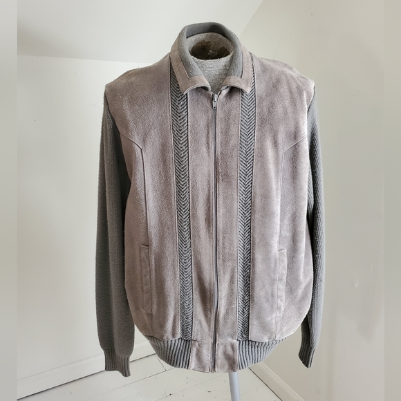 90s Vintage Ashy Gray Suede & Chevron Knit Sweater Jacket - Picture 1 of 10